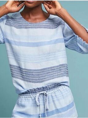 Anthropologie Cloth & Stone Light Blue Textured Striped Tunic Top Sz S